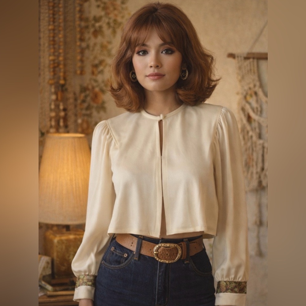 *Vintage 70’s crop swing jacket- puffed bishop sleeves- tapestry trim cuffs